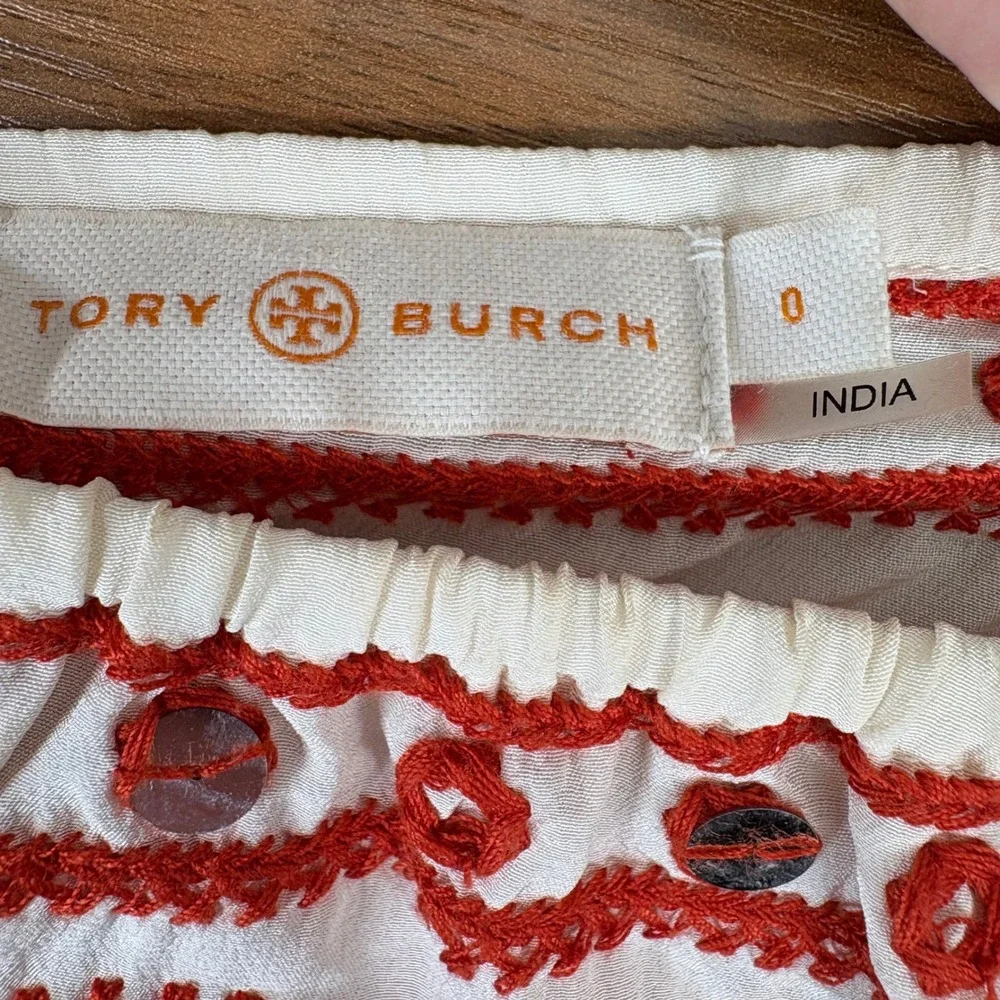 Tory Burch Leyla Blouse 0 Ivory Red Silk Embroidered Mirror Peasant Boho ***READ